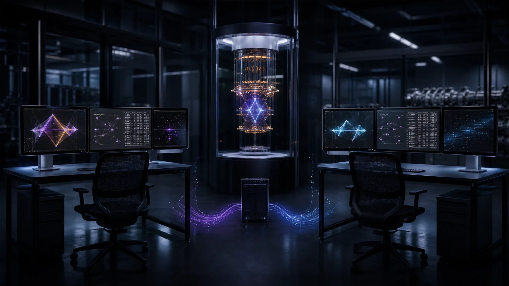 Concept visualization of two independent engineering workstations checking the same quantum hardware model, arithmetic, and evidence ledger from opposite sides, illustrating What cross-verification changed.
