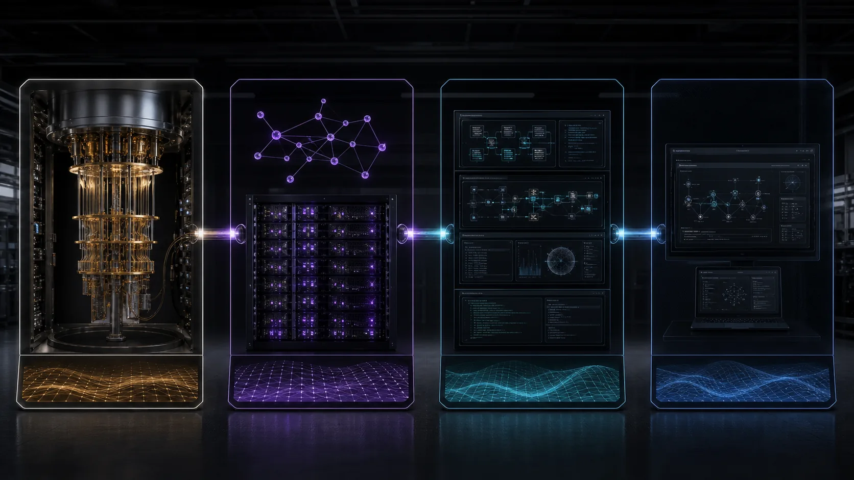 Concept visualization of an organized technical blueprint table dividing the physical quantum machine, logical architecture, software stack, and shared interface into connected work areas, illustrating Reading guide.