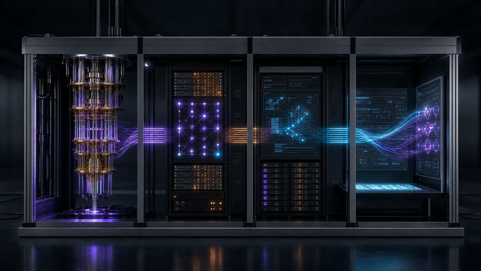 Concept visualization of an organized technical blueprint table dividing the physical quantum machine, logical architecture, software stack, and shared interface into connected work areas, illustrating Part A: Physical Layer Technical Plan.