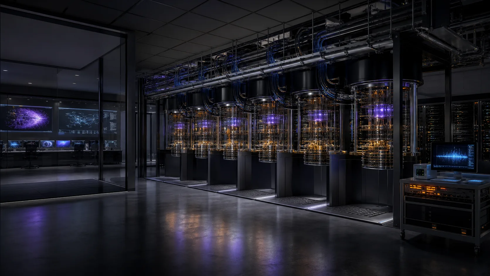 Concept visualization of a modular fault-tolerant superconducting quantum computer spanning multiple cryostats beside a classical control data center and application verification station, illustrating A1. Mission statement and target machine specification.