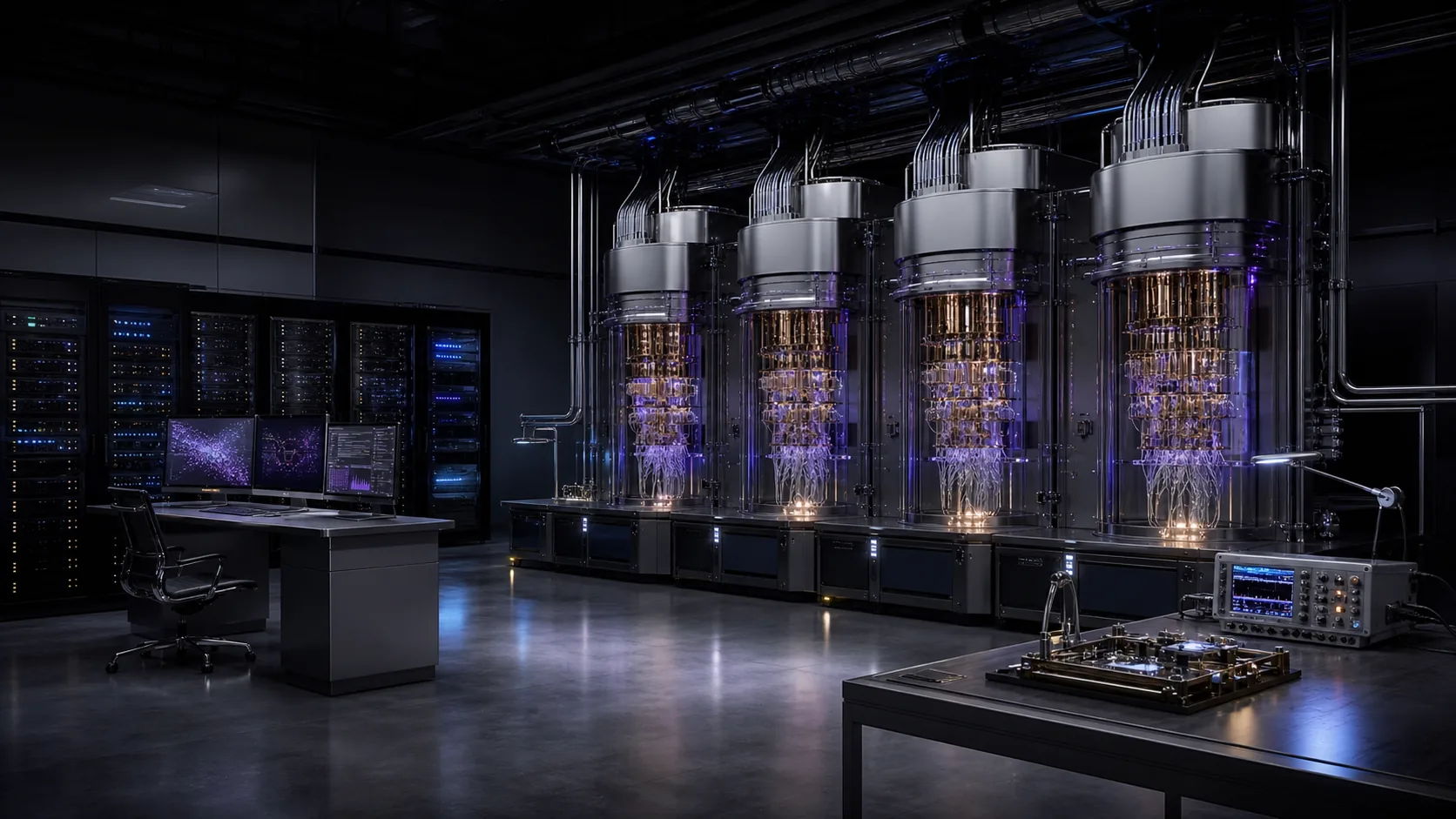 Concept visualization of a modular fault-tolerant superconducting quantum computer spanning multiple cryostats beside a classical control data center and application verification station, illustrating A1.1 What we are building.