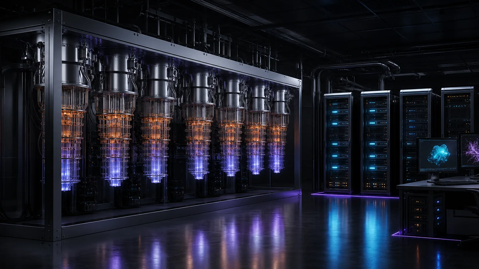 Concept visualization of a modular fault-tolerant superconducting quantum computer spanning multiple cryostats beside a classical control data center and application verification station, illustrating A1.2 The one number that sets the whole architecture.