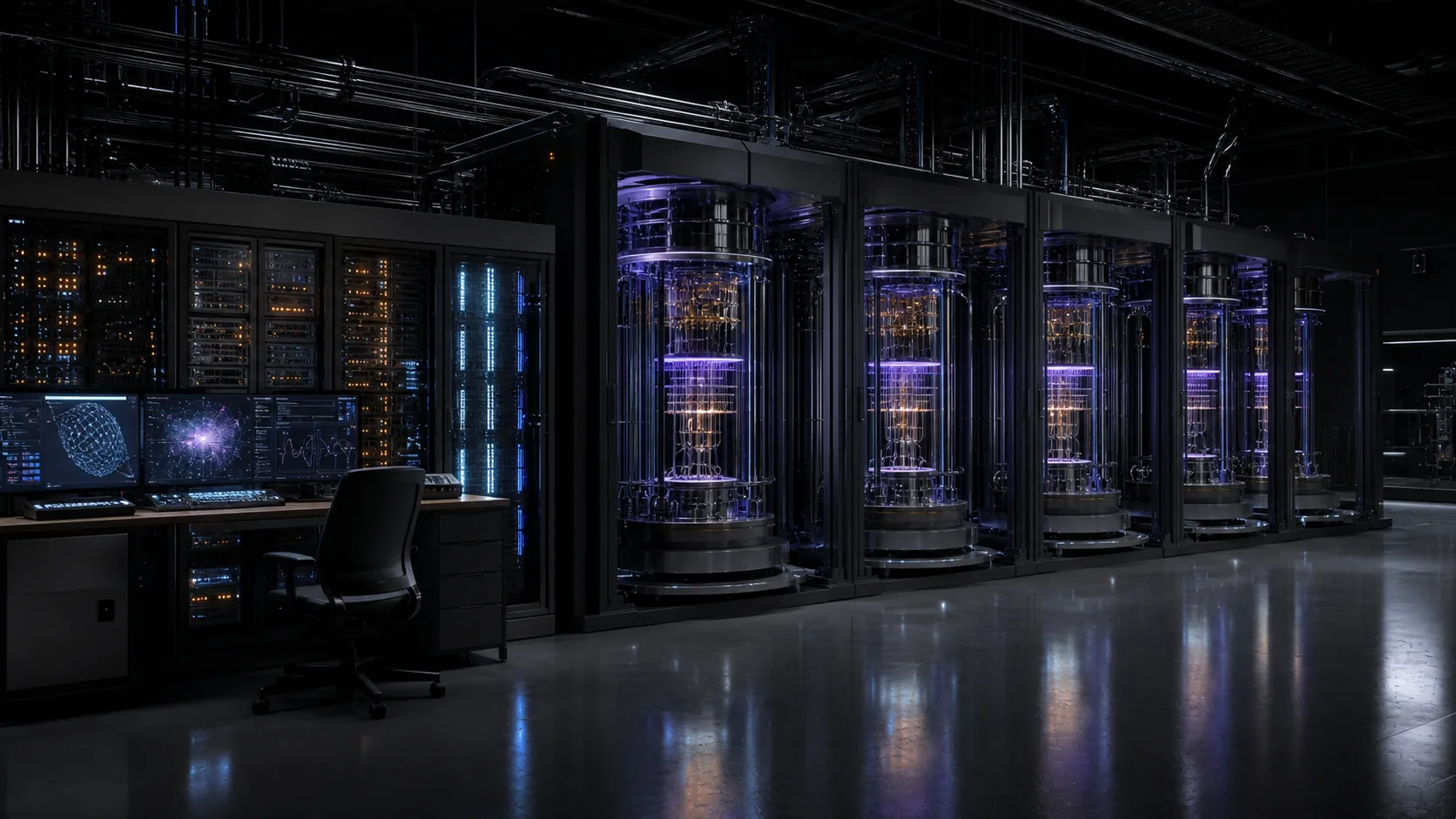 Concept visualization of a modular fault-tolerant superconducting quantum computer spanning multiple cryostats beside a classical control data center and application verification station, illustrating A1.3 Target specification, Phase 3 machine.