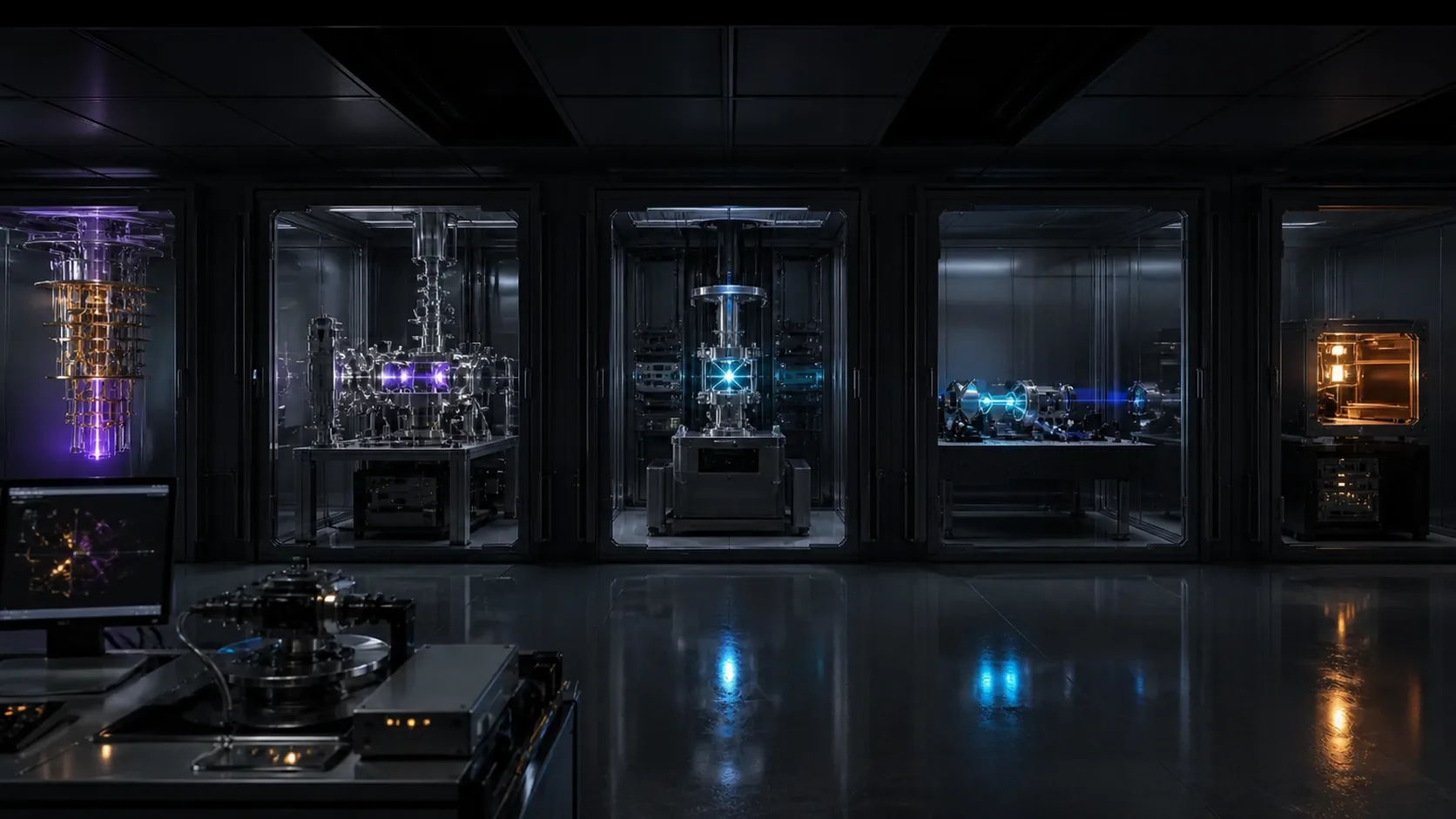 Concept visualization of a comparative quantum-hardware laboratory with superconducting, neutral-atom, trapped-ion, photonic, and silicon-spin test bays, illustrating A2. Qubit modality trade study.