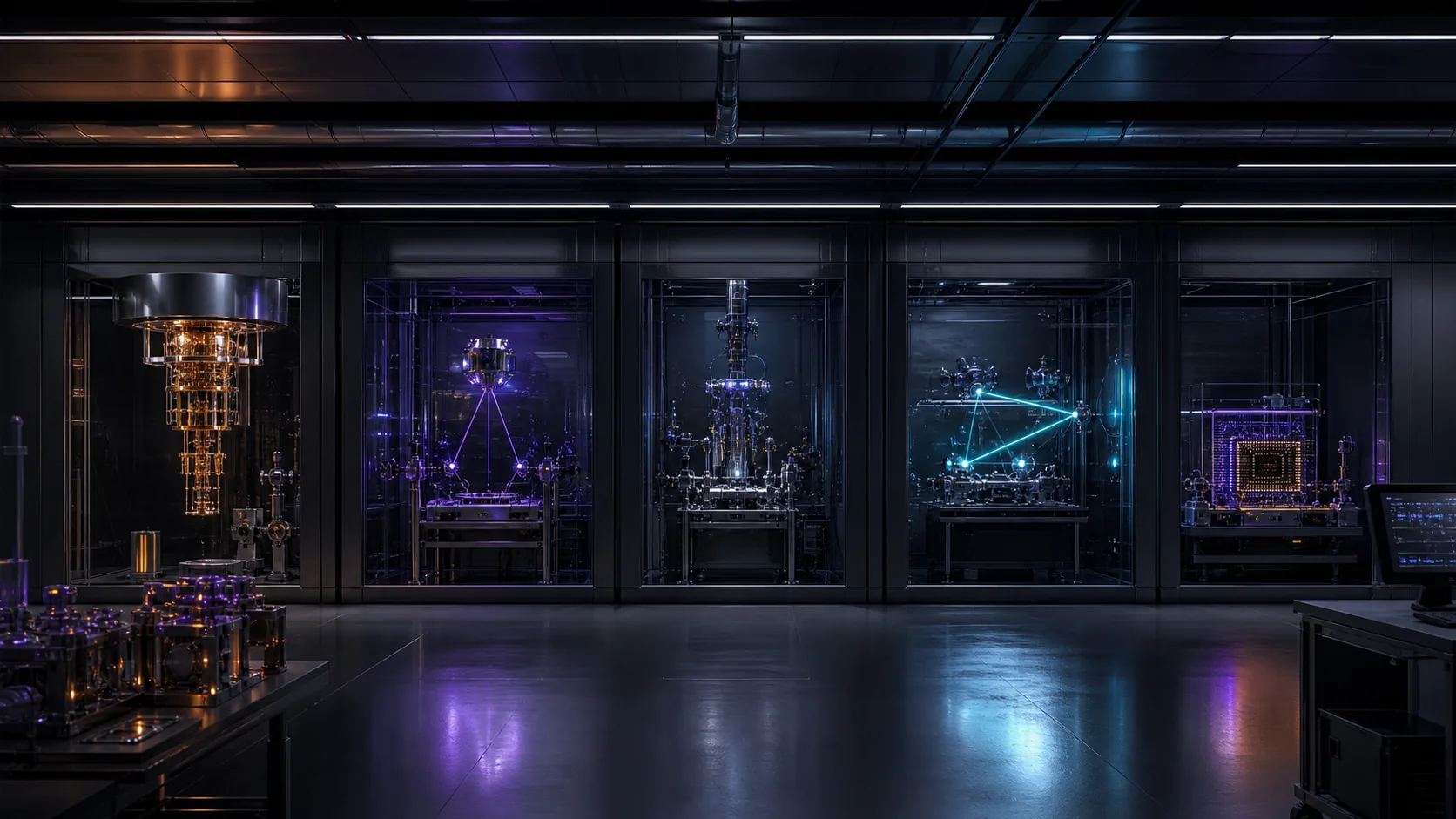 Concept visualization of a comparative quantum-hardware laboratory with superconducting, neutral-atom, trapped-ion, photonic, and silicon-spin test bays, illustrating A2.1 Candidates and their 2026 state of the art.