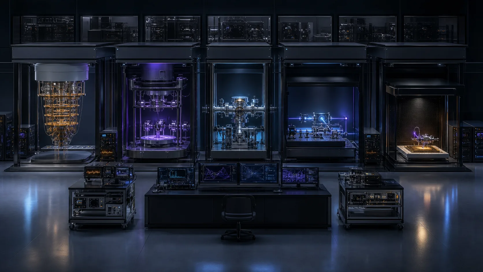 Concept visualization of a comparative quantum-hardware laboratory with superconducting, neutral-atom, trapped-ion, photonic, and silicon-spin test bays, illustrating A2.2 Decision matrix.