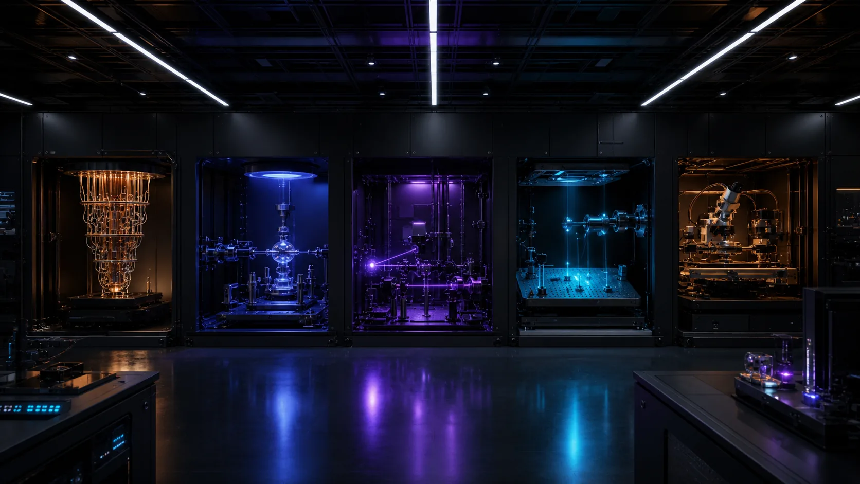 Concept visualization of a comparative quantum-hardware laboratory with superconducting, neutral-atom, trapped-ion, photonic, and silicon-spin test bays, illustrating A2.3 Decision.