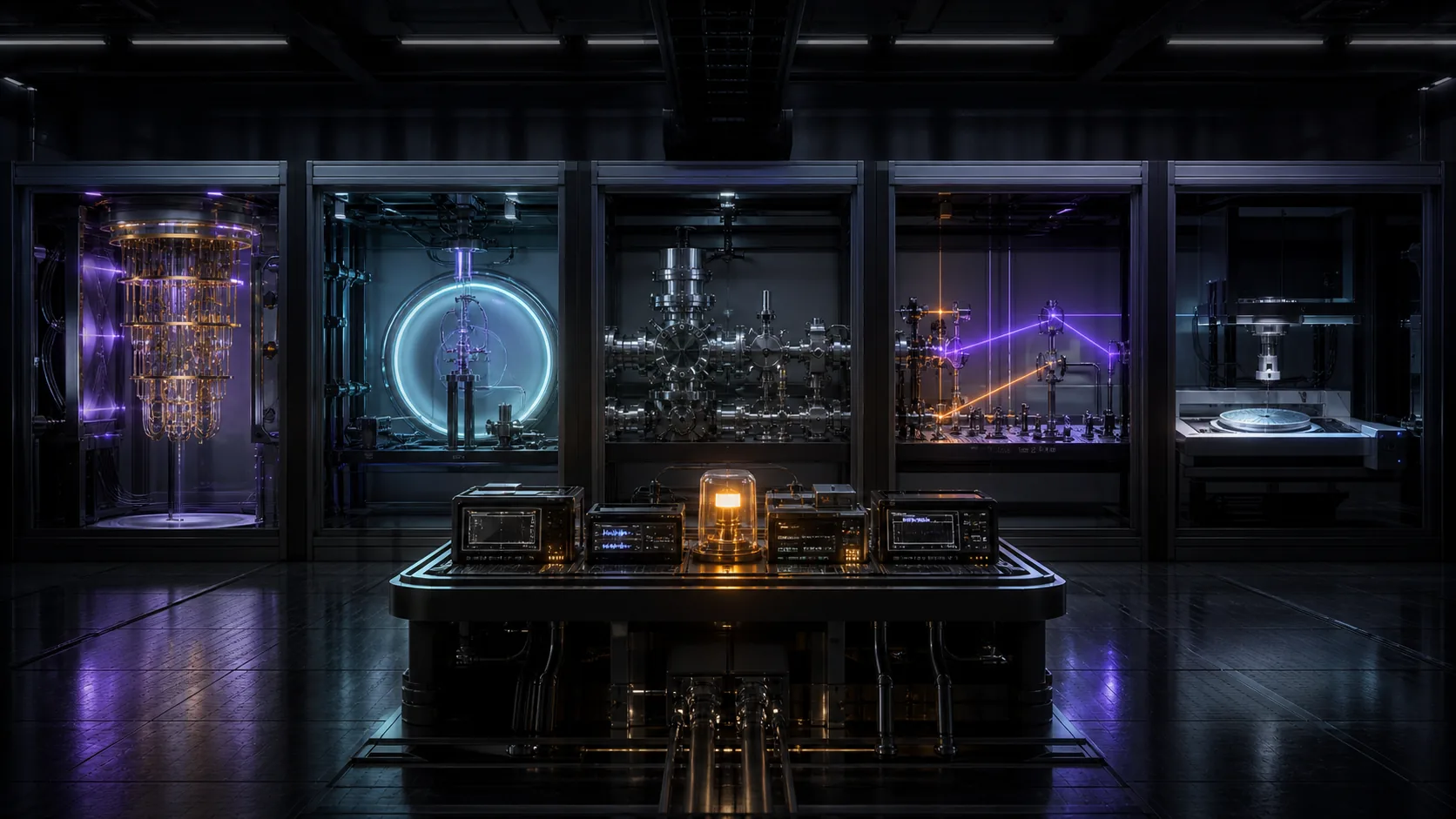Concept visualization of a comparative quantum-hardware laboratory with superconducting, neutral-atom, trapped-ion, photonic, and silicon-spin test bays, illustrating A2.4 Fallback trigger, stated in advance so it cannot be rationalized away.