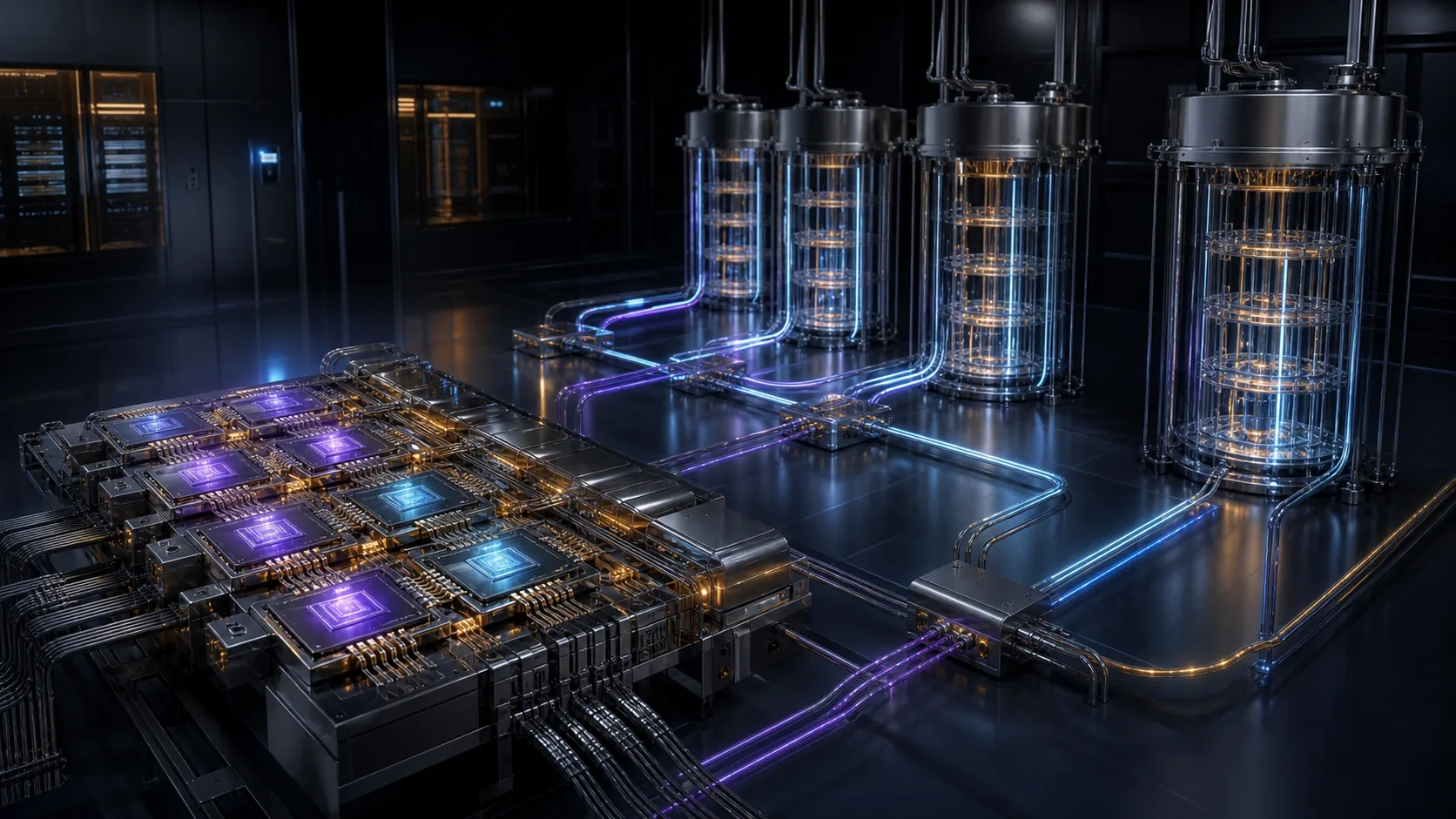 Concept visualization of modular superconducting quantum processor tiles linked through interposers, cold stages, and photonic connections across several cryostats, illustrating A3. Chip and module architecture.