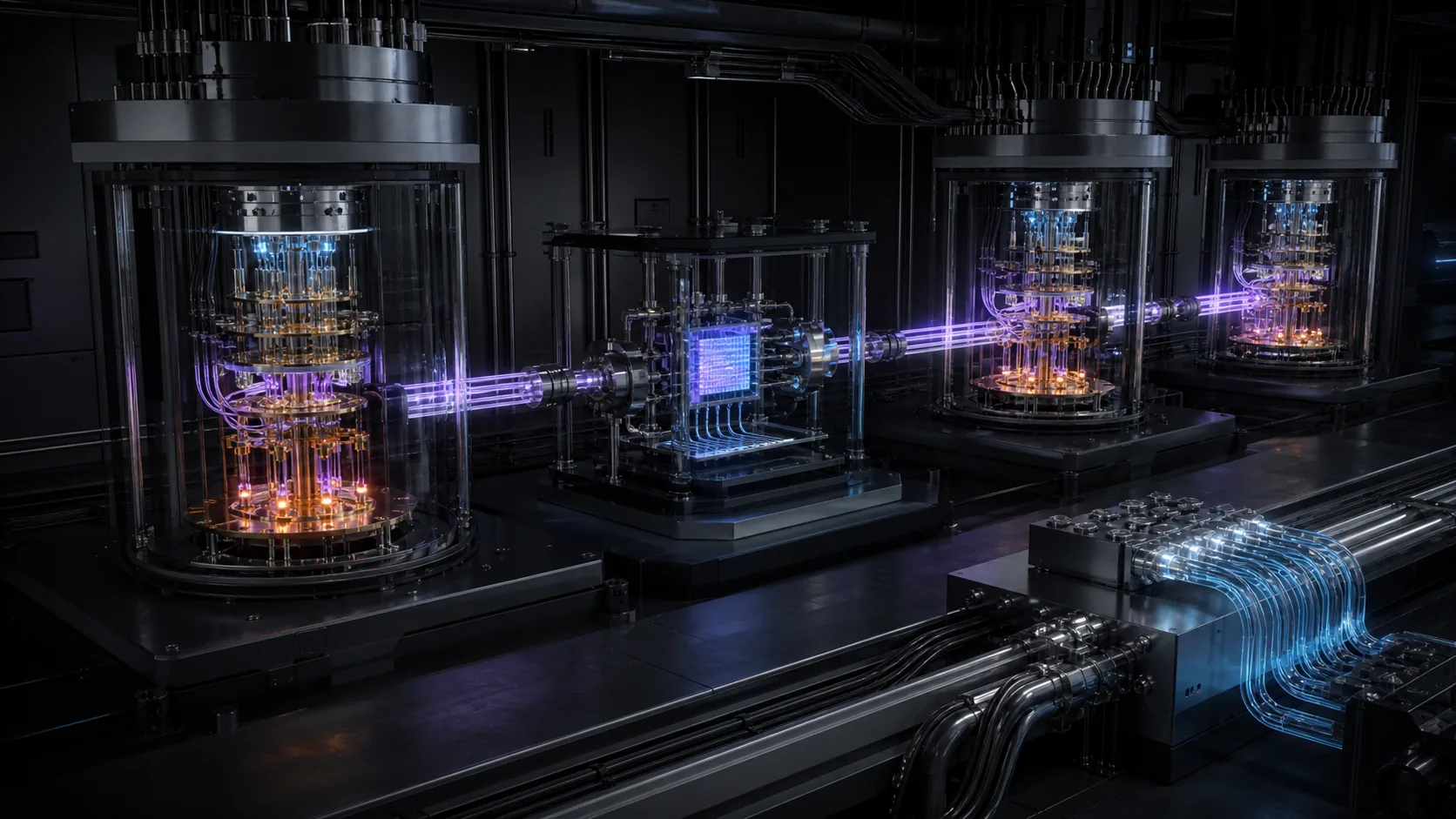 Concept visualization of modular superconducting quantum processor tiles linked through interposers, cold stages, and photonic connections across several cryostats, illustrating A3.1 Module definition.