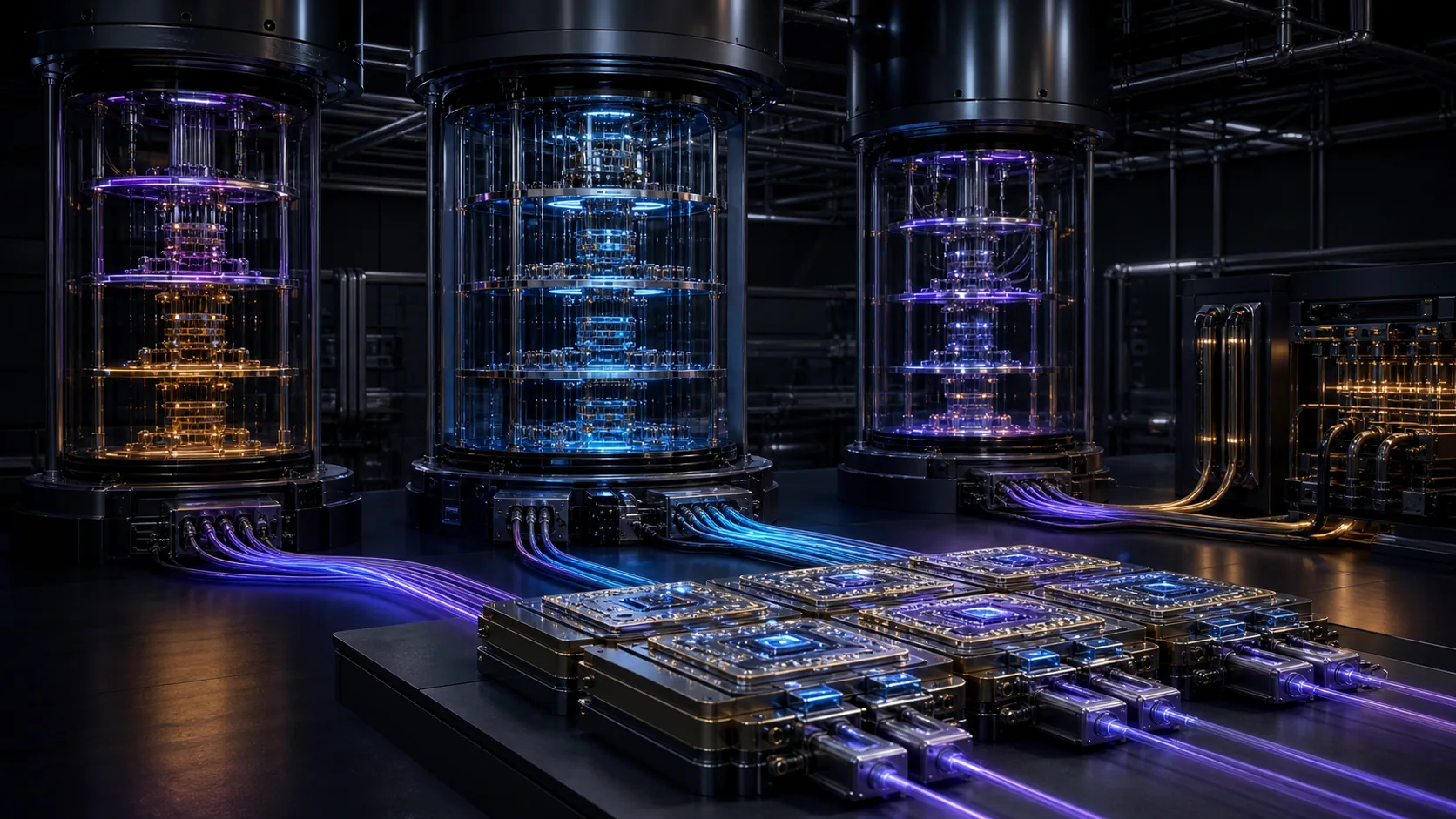 Concept visualization of modular superconducting quantum processor tiles linked through interposers, cold stages, and photonic connections across several cryostats, illustrating A3.2 Scaling tiers.