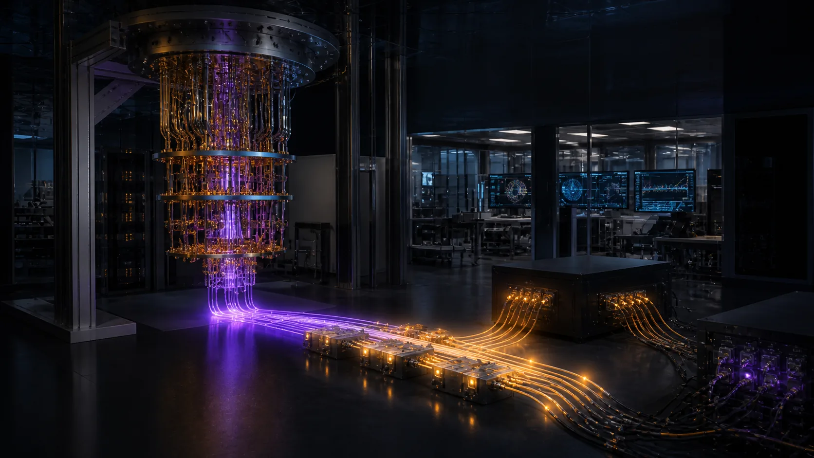 Concept visualization of a fault-tolerant quantum-computer engineering laboratory focused on a3.3 the load-bearing assumption, stated against the vendor's own numbers, illustrating A3.3 The load-bearing assumption, stated against the vendor's own numbers.
