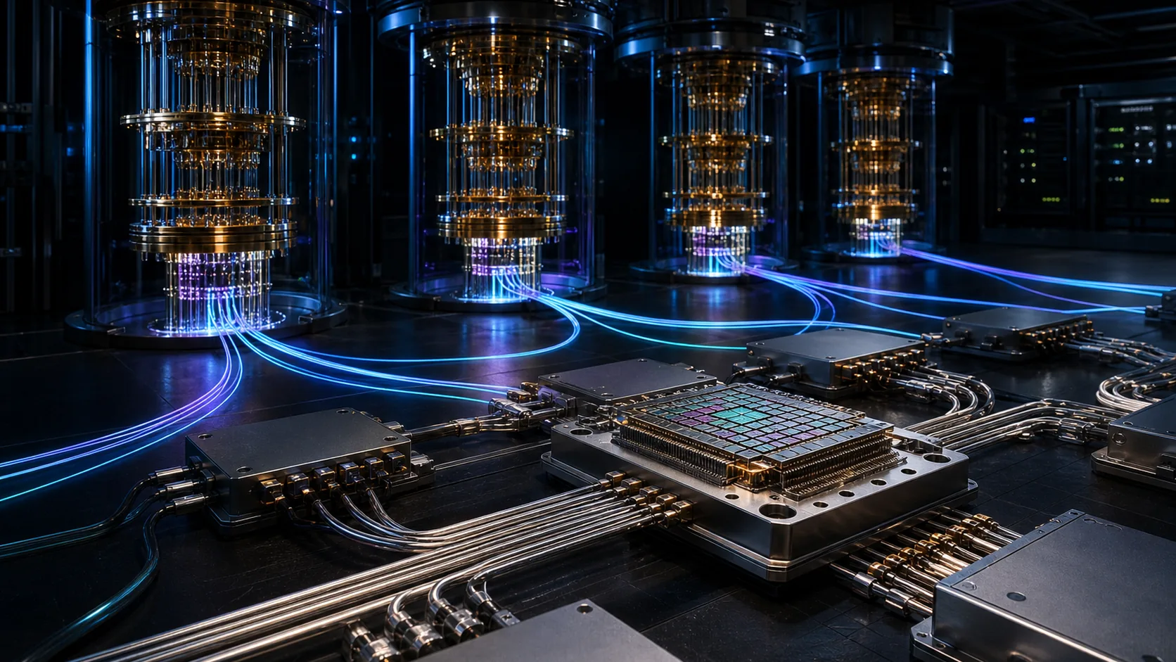 Concept visualization of modular superconducting quantum processor tiles linked through interposers, cold stages, and photonic connections across several cryostats, illustrating A3.4 The topology gap: this machine does not inherit Gidney's runtime.