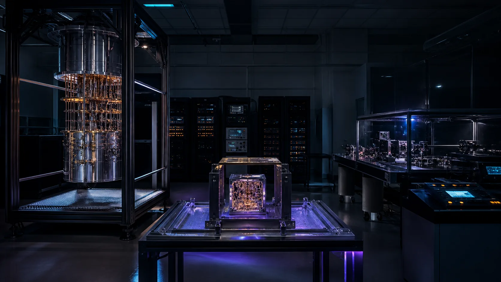 Concept visualization of a technically plausible dilution-refrigerator cutaway with five temperature stages, dense signal wiring, thermal paths, and millikelvin hardware, illustrating A4. Cryogenics, thermal budget, and the physical plant.