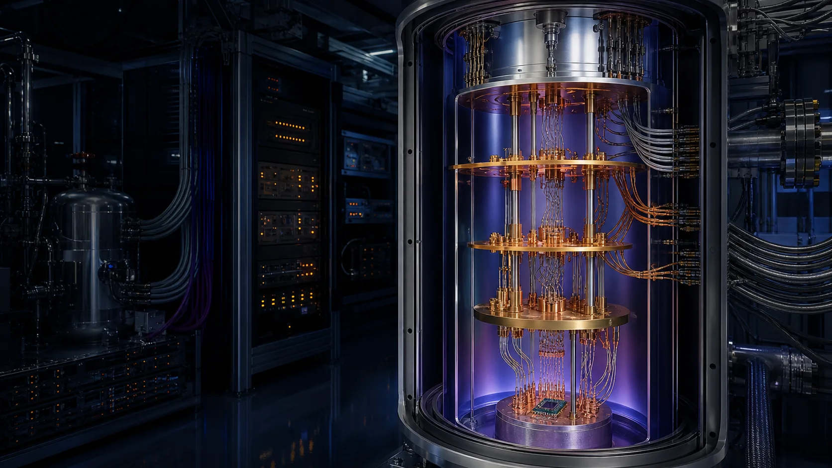 Concept visualization of a fault-tolerant quantum-computer engineering laboratory focused on a4.1 stage structure and commercial baseline, illustrating A4.1 Stage structure and commercial baseline.