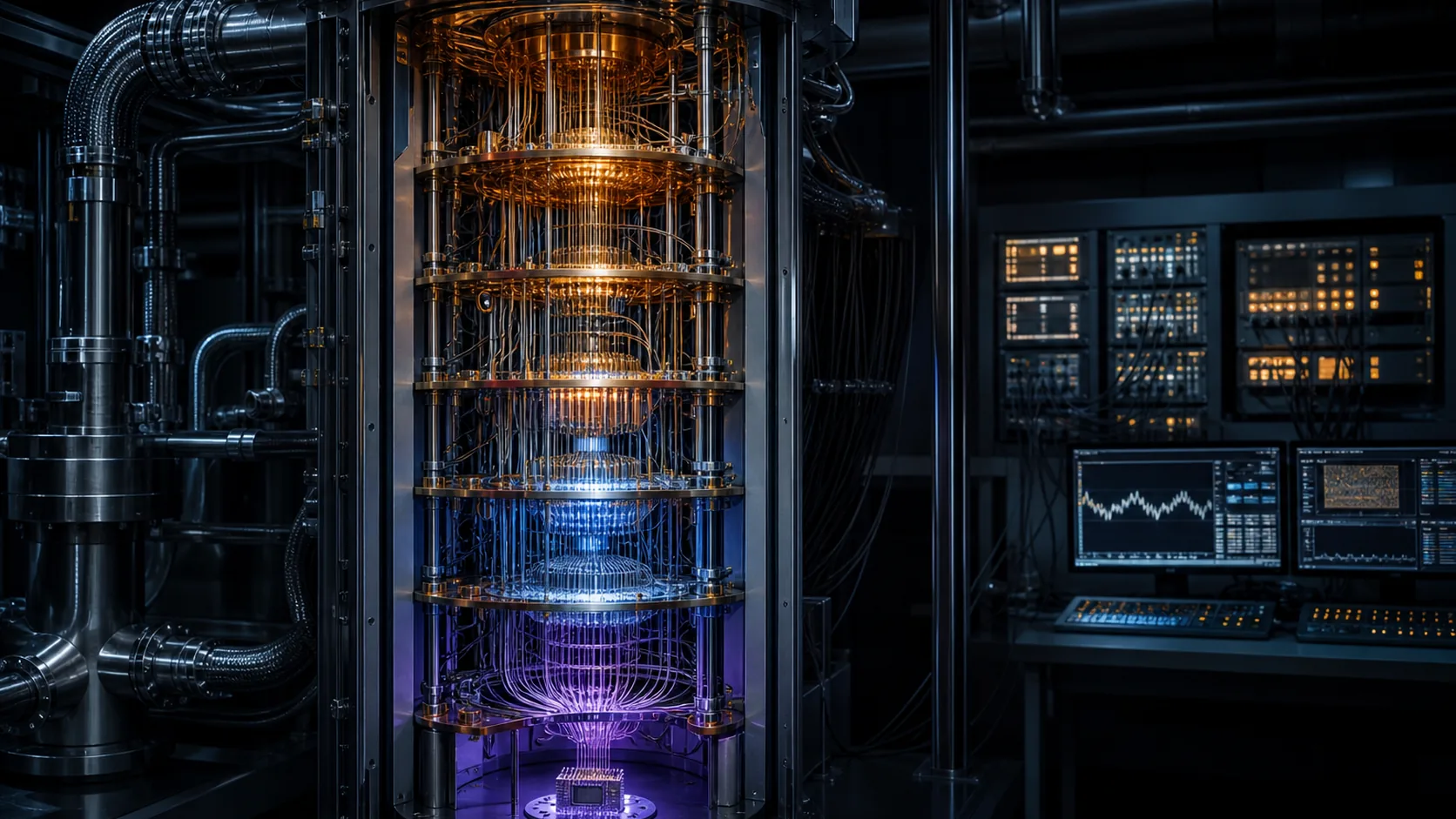 Concept visualization of a technically plausible dilution-refrigerator cutaway with five temperature stages, dense signal wiring, thermal paths, and millikelvin hardware, illustrating A4.2 Deriving the thermal budget per qubit.