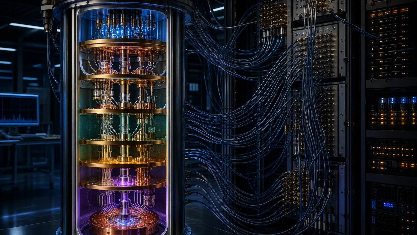 Concept visualization of a technically plausible dilution-refrigerator cutaway with five temperature stages, dense signal wiring, thermal paths, and millikelvin hardware, illustrating A4.3 Why the scaling limit is wiring, not refrigeration.