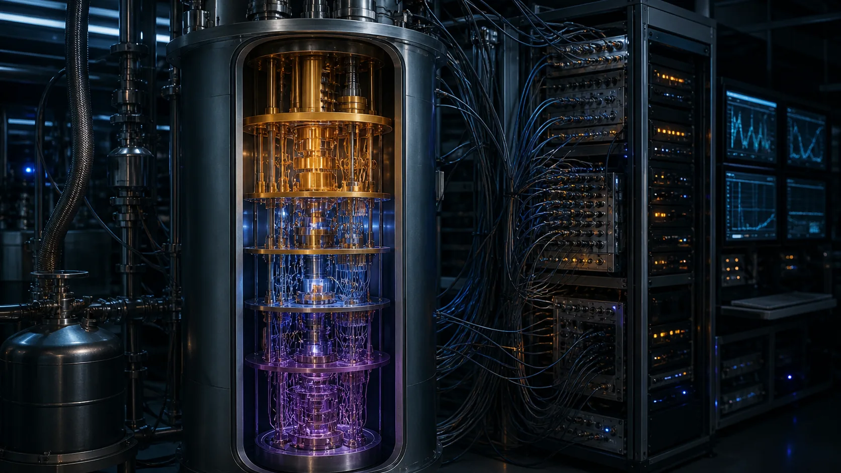 Concept visualization of a technically plausible dilution-refrigerator cutaway with five temperature stages, dense signal wiring, thermal paths, and millikelvin hardware, illustrating A4.5 Helium-3 and consumables.