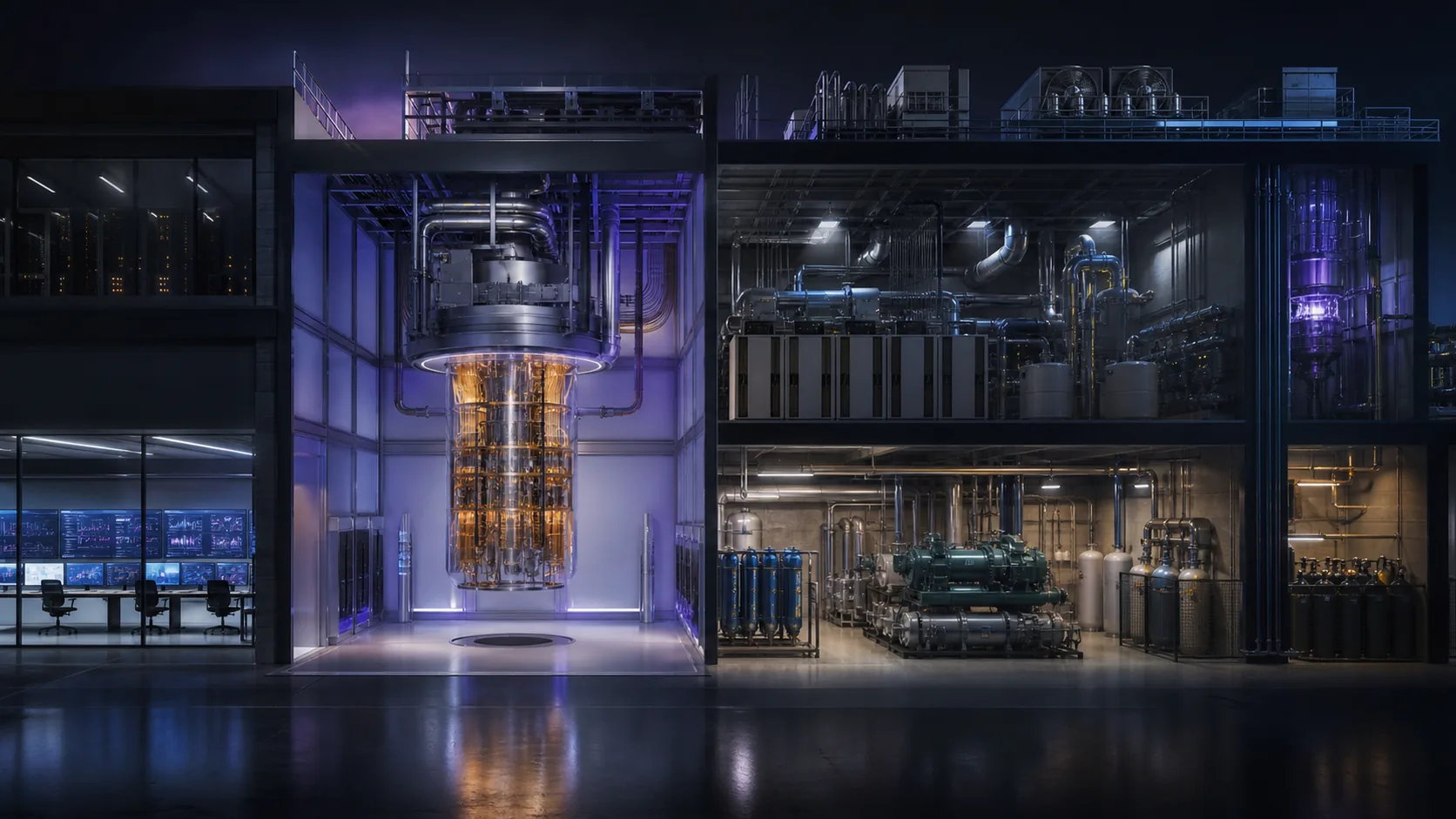 Concept visualization of a large quantum-computing facility with cryostat hall, electrical plant, chilled-water systems, gas recovery, control room, and safety monitoring, illustrating A4.6 Facility and power.