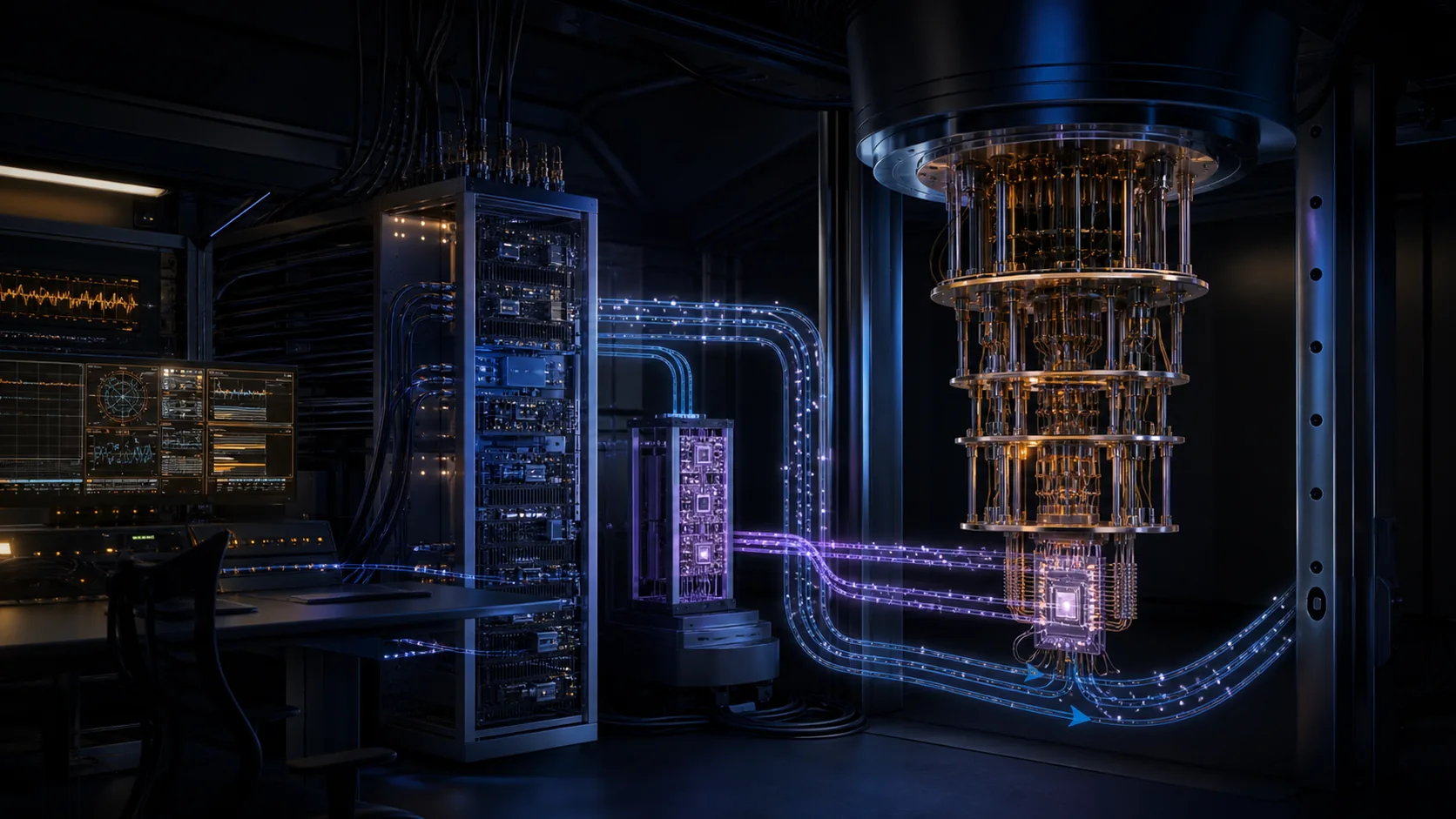 Concept visualization of an end-to-end quantum control chain from room-temperature electronics through cryogenic CMOS to a superconducting processor and back to real-time feedback, illustrating A5. Control and readout, and how CRY-1 is actually met.