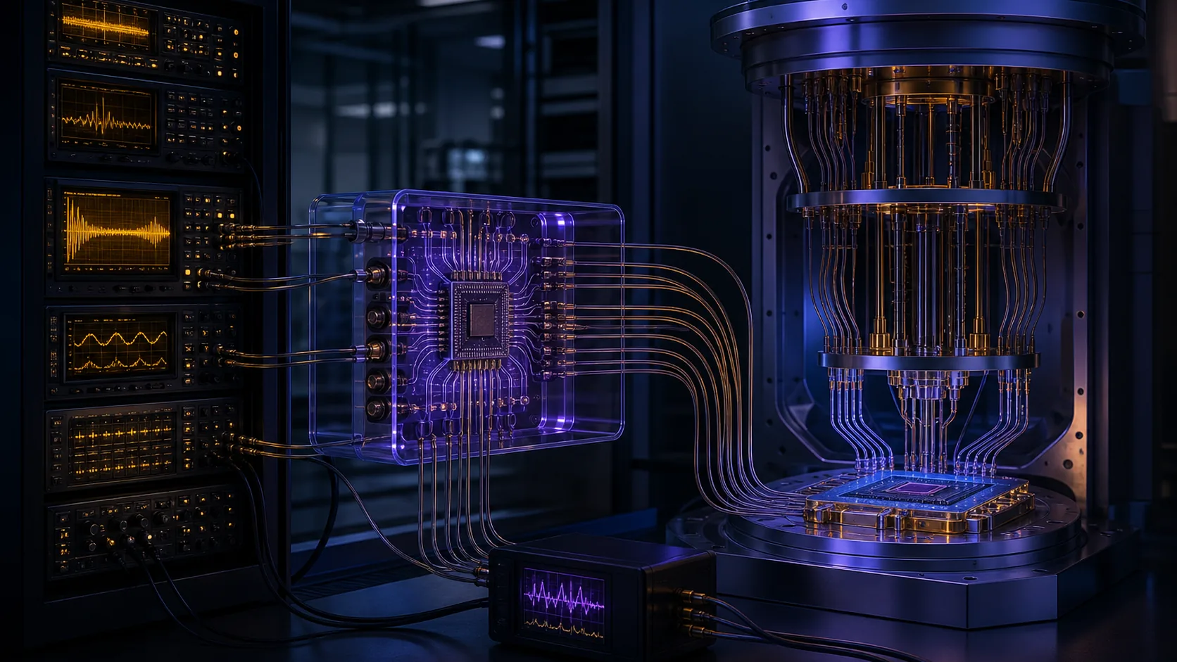 Concept visualization of an end-to-end quantum control chain from room-temperature electronics through cryogenic CMOS to a superconducting processor and back to real-time feedback, illustrating A5.1 Baseline signal chain (Phase 0 and Phase 1, commodity).