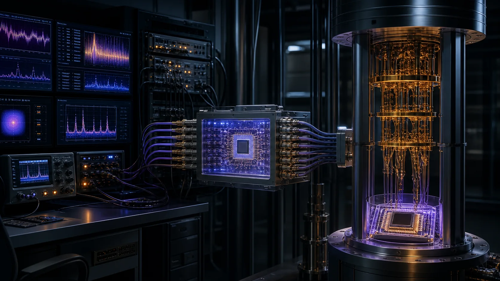 Concept visualization of a fault-tolerant quantum-computer engineering laboratory focused on a5.2 the three-layer plan to meet cry-1, illustrating A5.2 The three-layer plan to meet CRY-1.