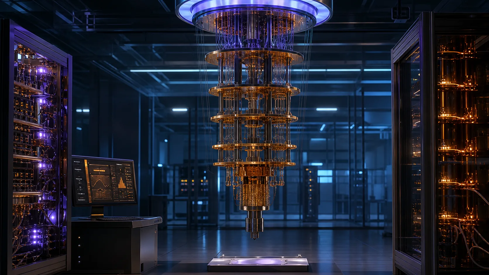 Concept visualization of an end-to-end quantum control chain from room-temperature electronics through cryogenic CMOS to a superconducting processor and back to real-time feedback, illustrating A5.3 Classical control plant sizing.