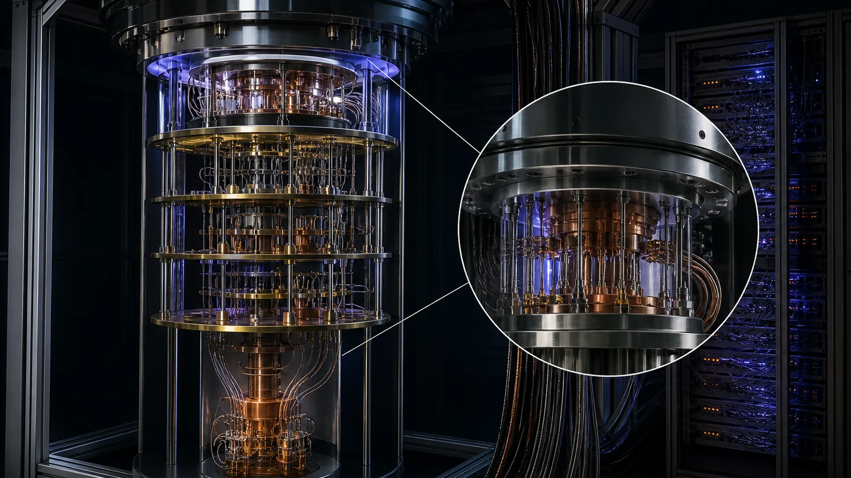 Concept visualization of a technically plausible dilution-refrigerator cutaway with five temperature stages, dense signal wiring, thermal paths, and millikelvin hardware, illustrating A5.4 Closing the 4 K stage, which the earlier draft left open.