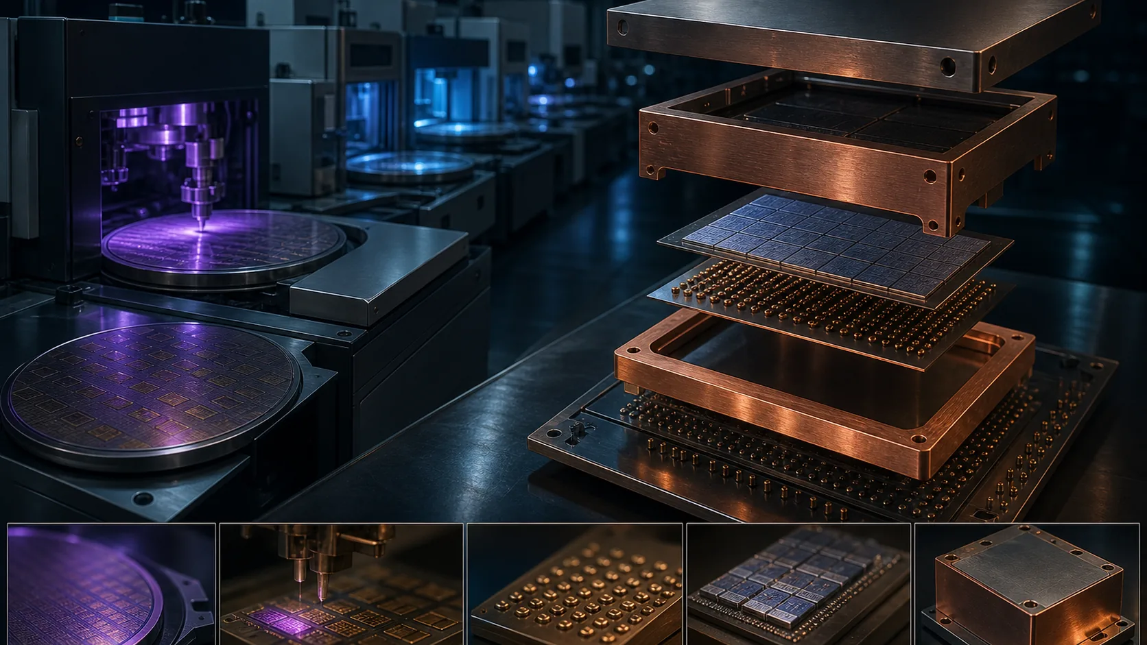 Concept visualization of a quantum-chip fabrication and packaging line with tantalum-on-silicon wafers, interposers, bump bonds, copper carriers, and magnetic shielding, illustrating A6. Fabrication, materials, packaging, and yield.