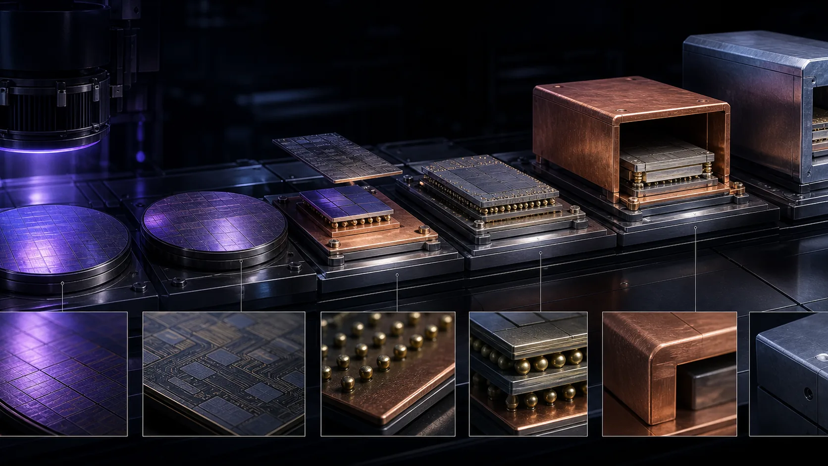 Concept visualization of a quantum-chip fabrication and packaging line with tantalum-on-silicon wafers, interposers, bump bonds, copper carriers, and magnetic shielding, illustrating A6.1 Materials stack.