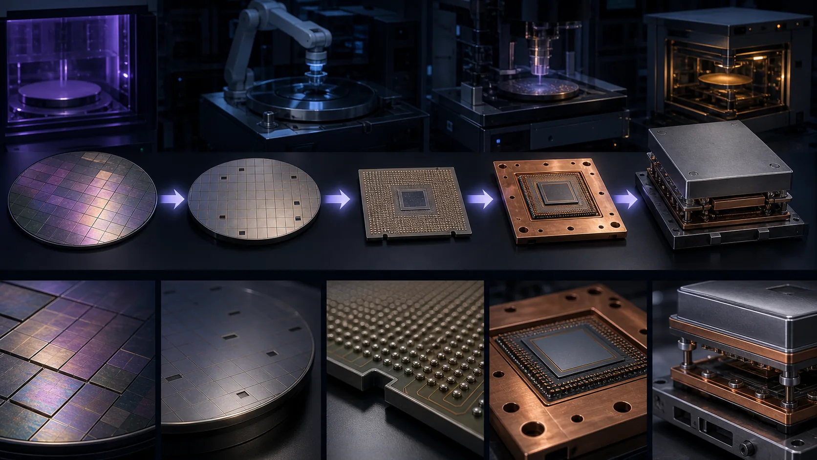 Concept visualization of a quantum-chip fabrication and packaging line with tantalum-on-silicon wafers, interposers, bump bonds, copper carriers, and magnetic shielding, illustrating A6.2 Process outline.
