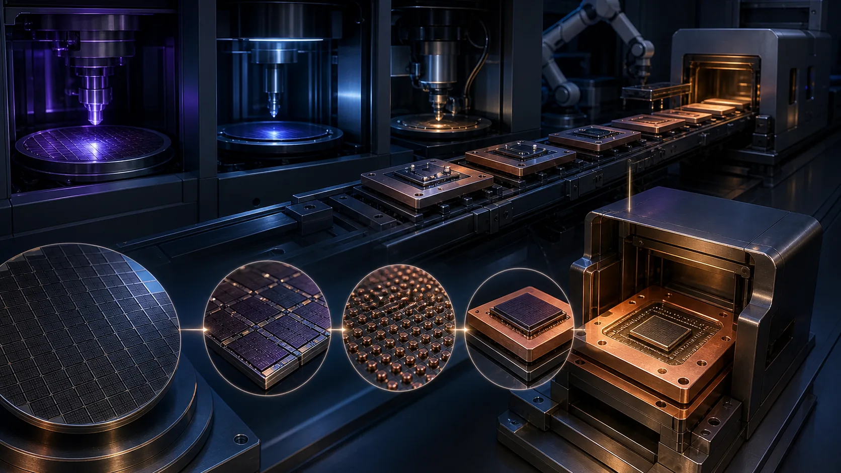 Concept visualization of a quantum-chip fabrication and packaging line with tantalum-on-silicon wafers, interposers, bump bonds, copper carriers, and magnetic shielding, illustrating A6.3 Yield model.