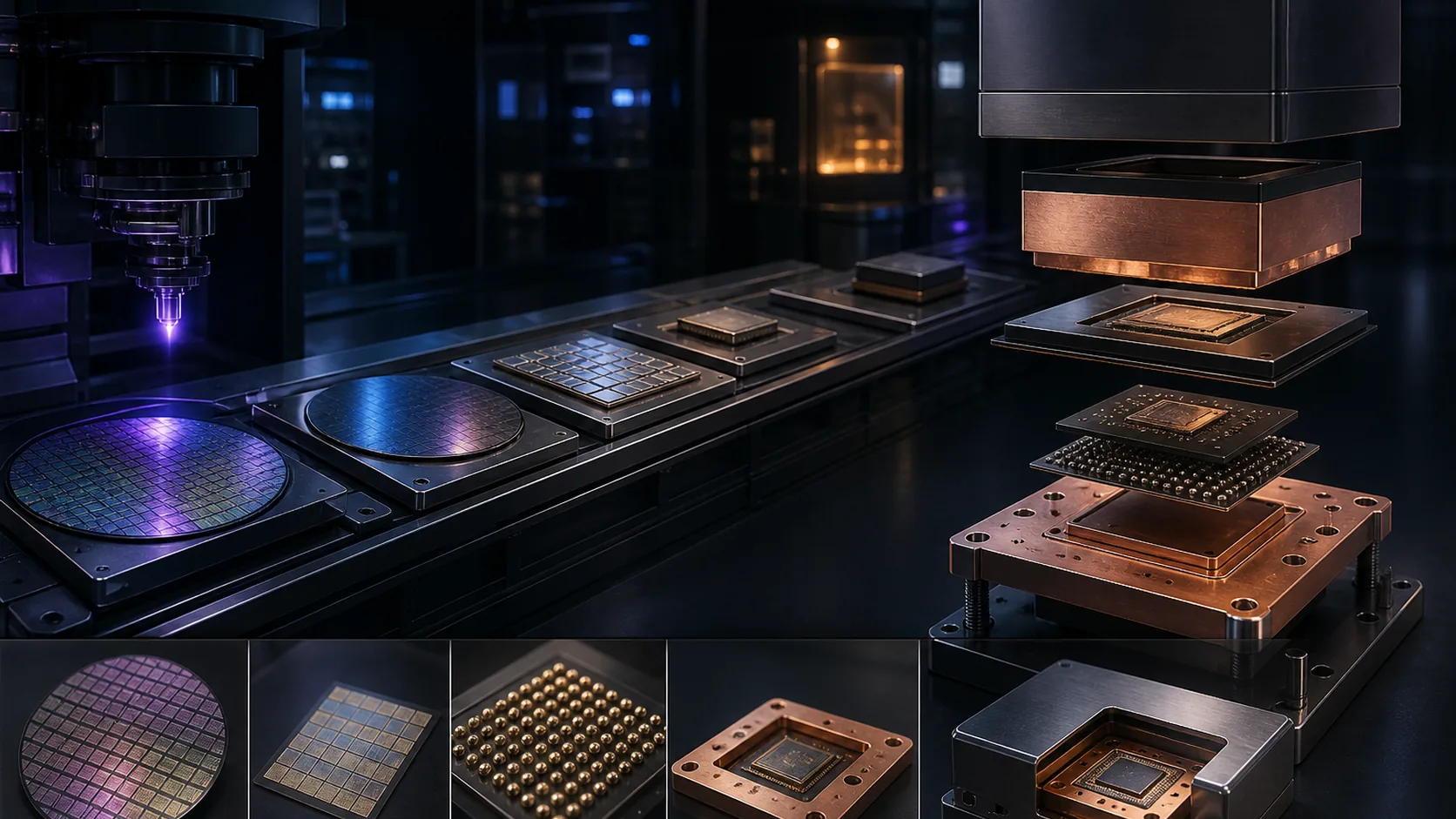 Concept visualization of a quantum-chip fabrication and packaging line with tantalum-on-silicon wafers, interposers, bump bonds, copper carriers, and magnetic shielding, illustrating A6.4 Packaging and shielding.