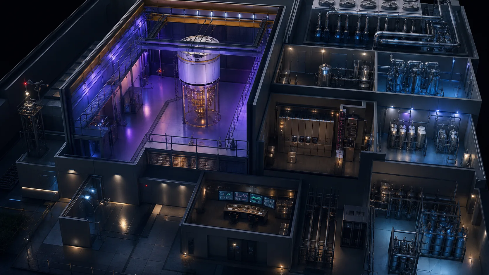 Concept visualization of a large quantum-computing facility with cryostat hall, electrical plant, chilled-water systems, gas recovery, control room, and safety monitoring, illustrating A7. Facility, power, floor space, and safety.