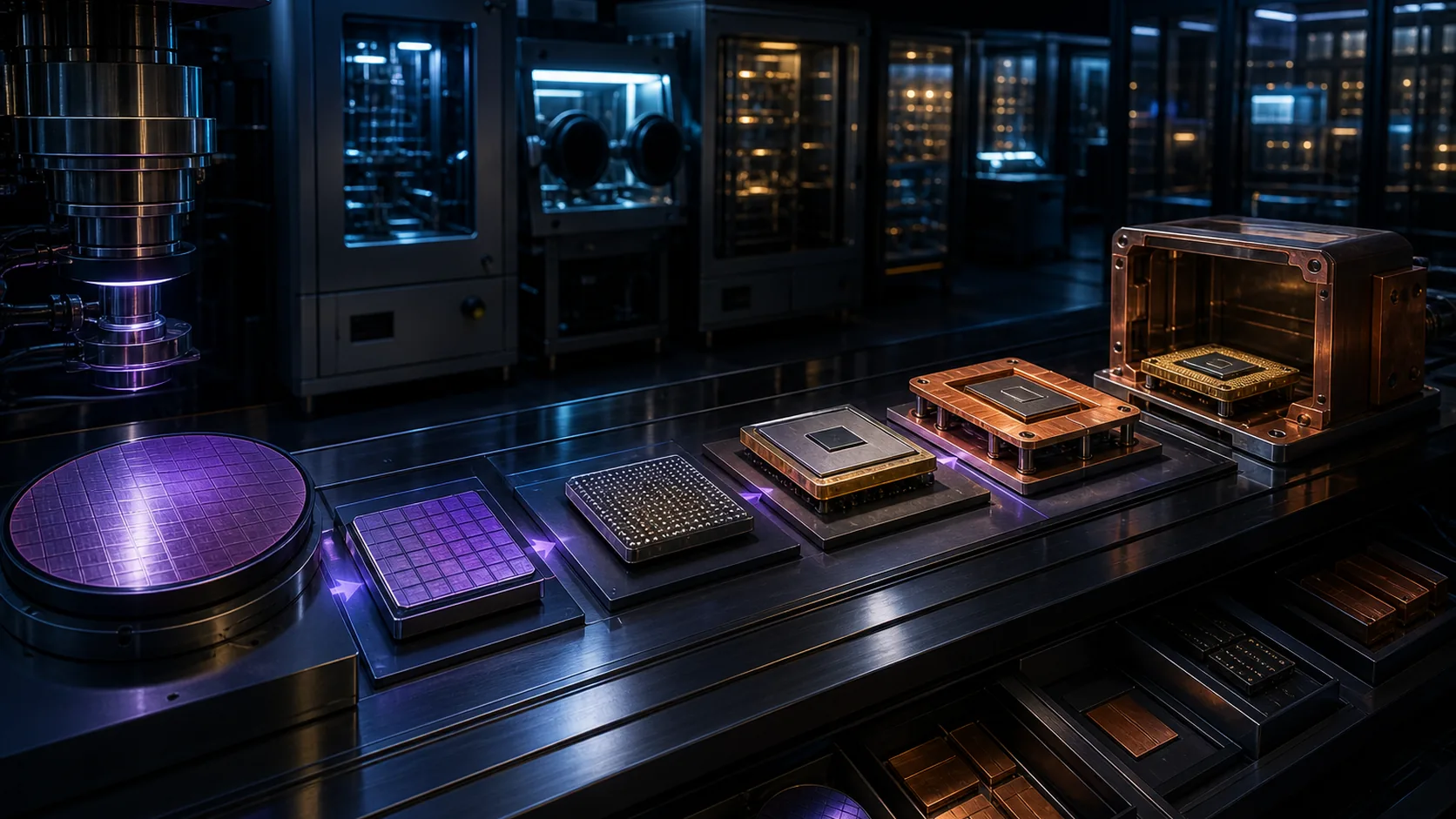 Concept visualization of a quantum-chip fabrication and packaging line with tantalum-on-silicon wafers, interposers, bump bonds, copper carriers, and magnetic shielding, illustrating A8. Bill of materials, cost model, staffing, and schedule.