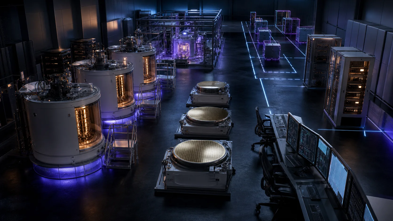 Concept visualization of a physical program-planning scene with cryostats, wafer modules, control racks, facility infrastructure, staffing stations, and phased build zones, illustrating A8.1 Anchored cost inputs.