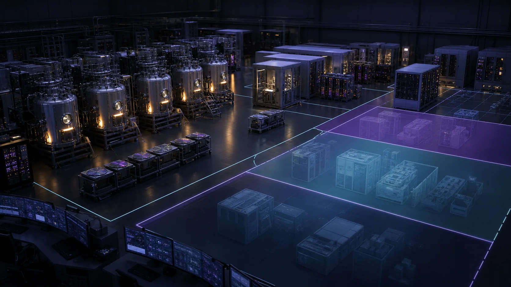 Concept visualization of a physical program-planning scene with cryostats, wafer modules, control racks, facility infrastructure, staffing stations, and phased build zones, illustrating A8.2 Phase plan with gates.