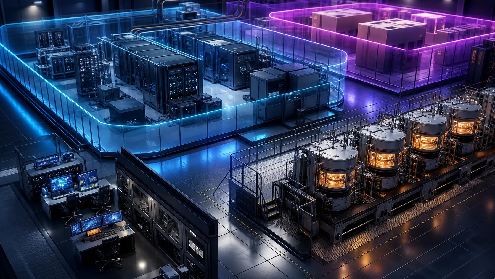 Concept visualization of a physical program-planning scene with cryostats, wafer modules, control racks, facility infrastructure, staffing stations, and phased build zones, illustrating A8.3 Phase 3 capital breakdown.