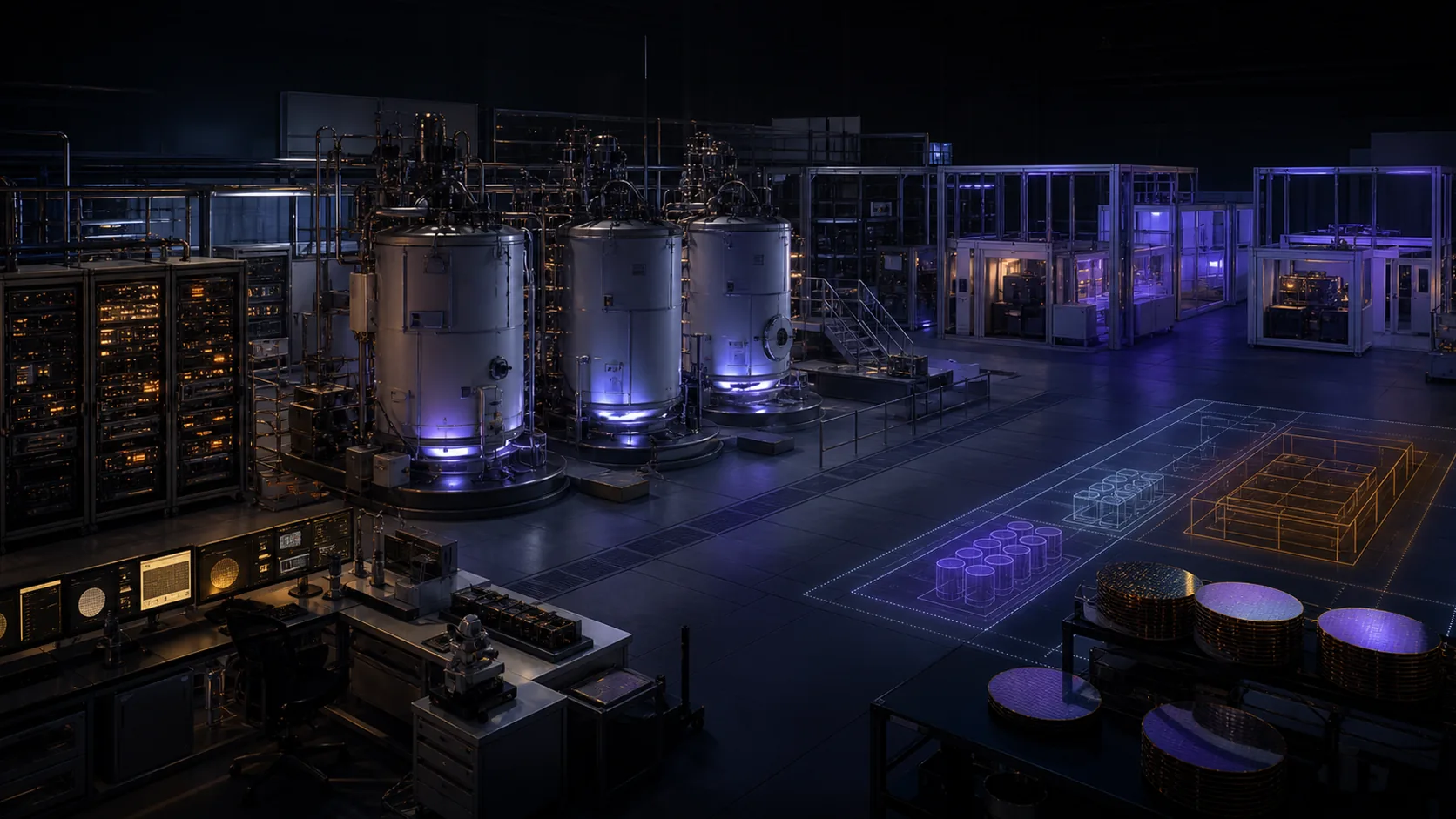 Concept visualization of a physical program-planning scene with cryostats, wafer modules, control racks, facility infrastructure, staffing stations, and phased build zones, illustrating A8.4 Cost ranges, and what a single number was hiding.