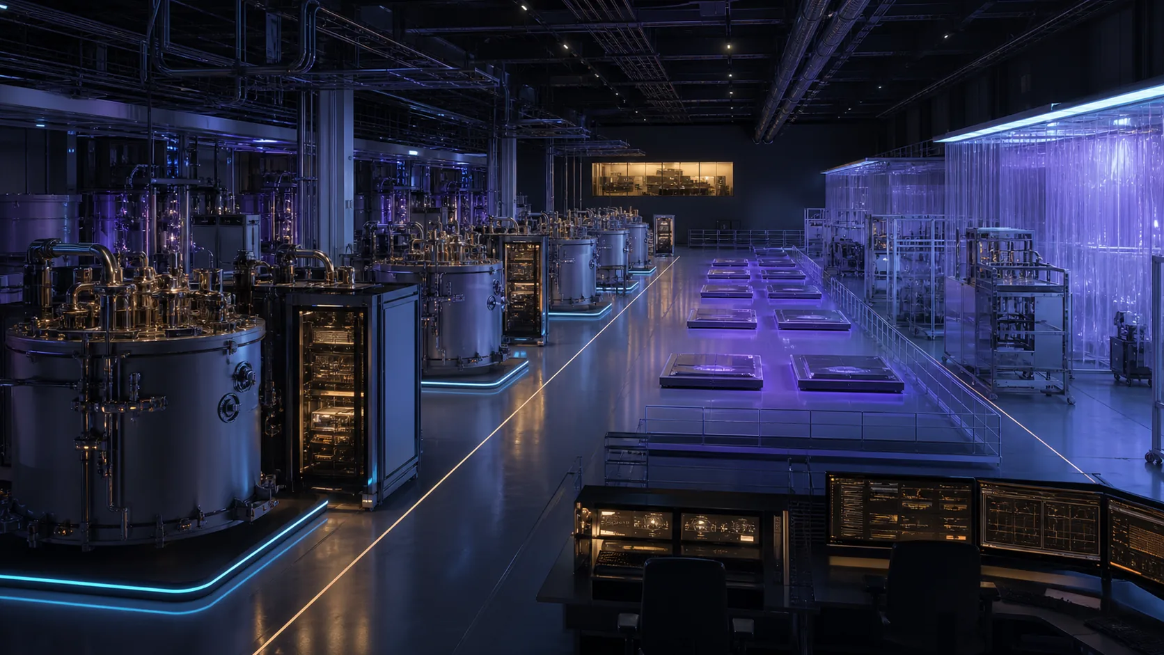 Concept visualization of a physical program-planning scene with cryostats, wafer modules, control racks, facility infrastructure, staffing stations, and phased build zones, illustrating A8.5 Staffing shape.