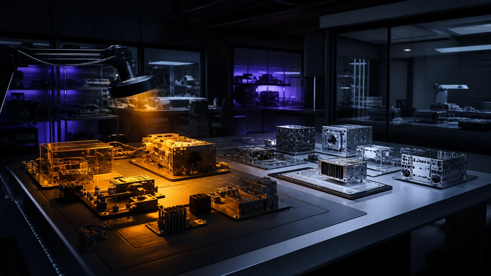 Concept visualization of an engineering review room with unresolved hardware modules isolated under amber diagnostic light and completed modules under cool white light, illustrating A9. Hardware risk register.