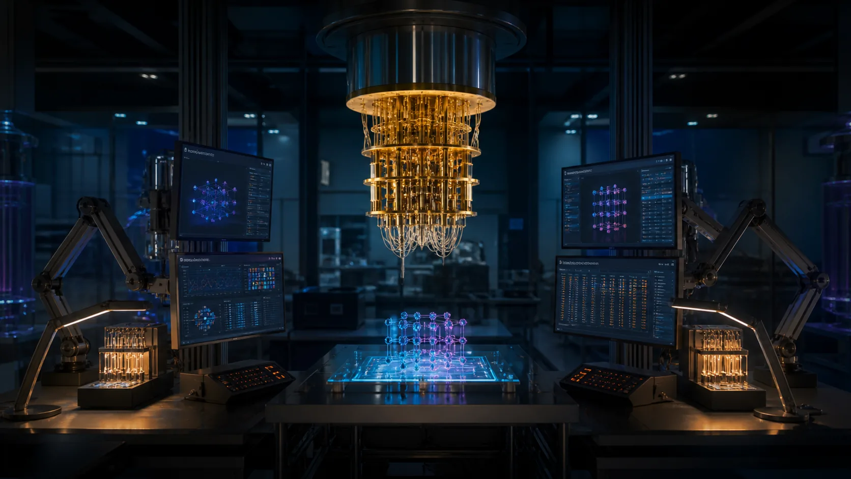 Concept visualization of two independent engineering workstations checking the same quantum hardware model, arithmetic, and evidence ledger from opposite sides, illustrating A10. Review resolution log.