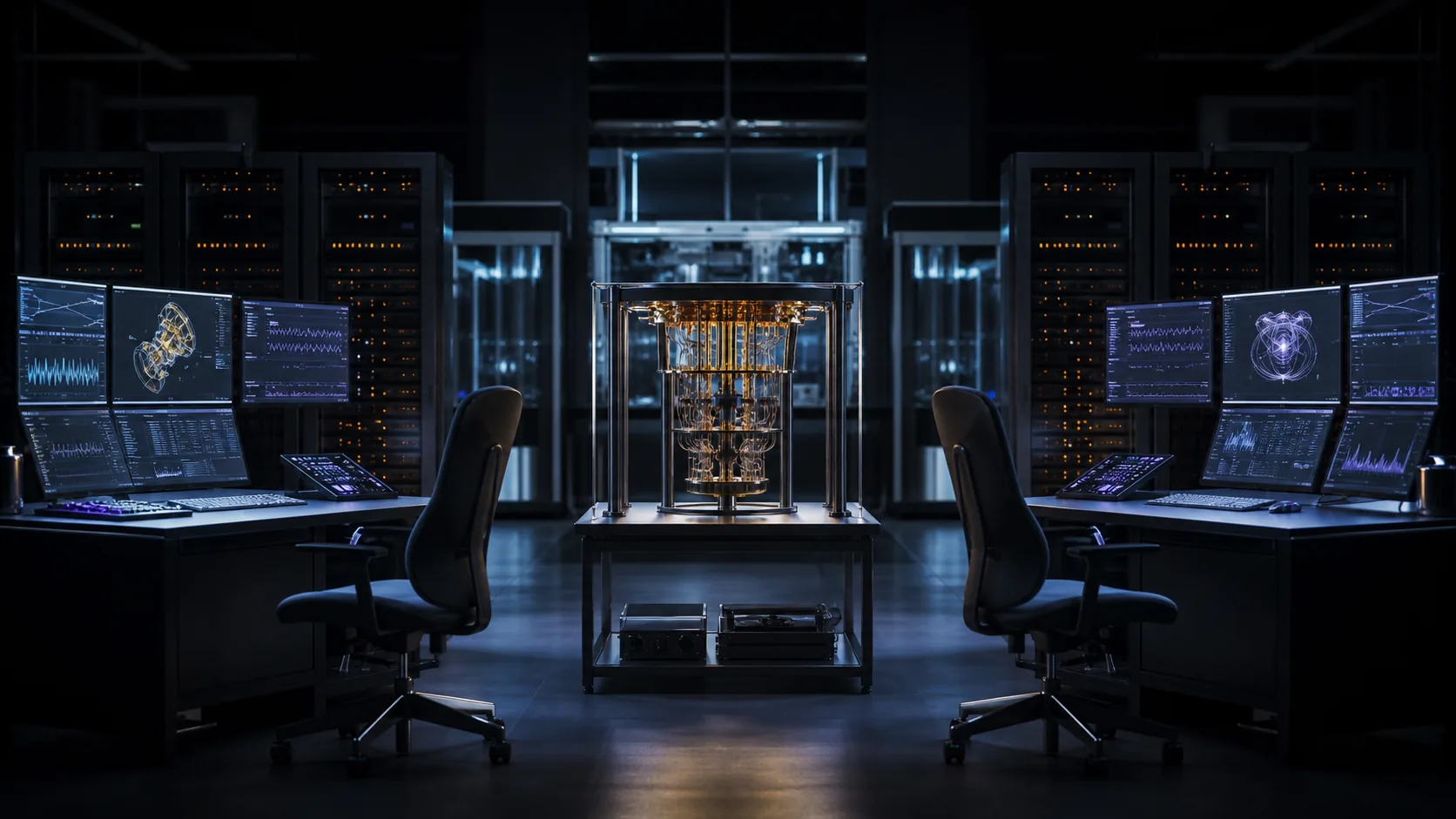 Concept visualization of two independent engineering workstations checking the same quantum hardware model, arithmetic, and evidence ledger from opposite sides, illustrating A10.1 The eleven corrections from the Part A cross-review.