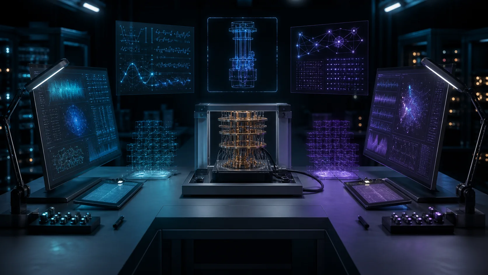 Concept visualization of two independent engineering workstations checking the same quantum hardware model, arithmetic, and evidence ledger from opposite sides, illustrating A11. Cross-verification record.