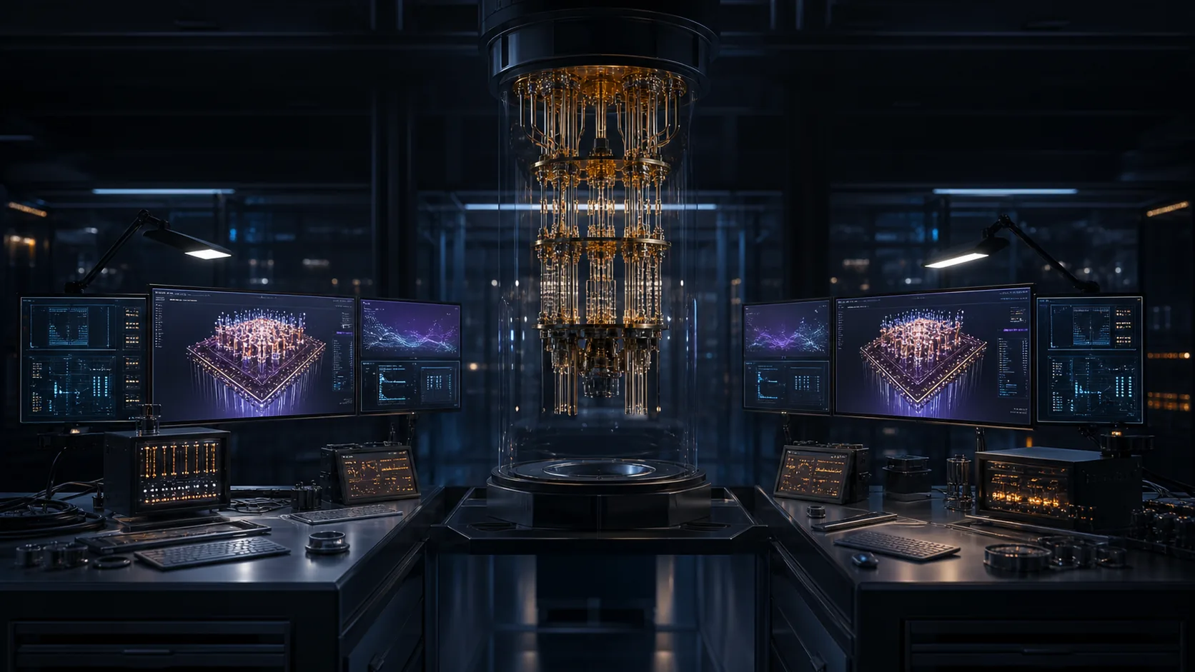 Concept visualization of two independent engineering workstations checking the same quantum hardware model, arithmetic, and evidence ledger from opposite sides, illustrating A11.1 Part A checked against itself.