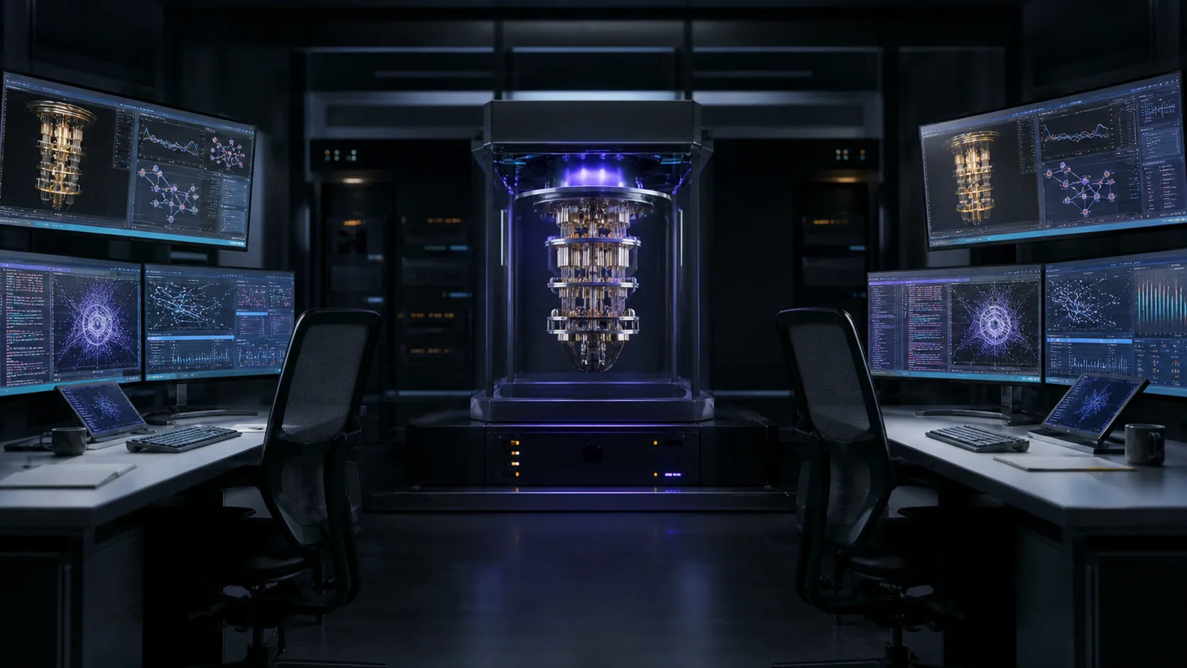Concept visualization of two independent engineering workstations checking the same quantum hardware model, arithmetic, and evidence ledger from opposite sides, illustrating A11.2 Part B checked by Part A's author.