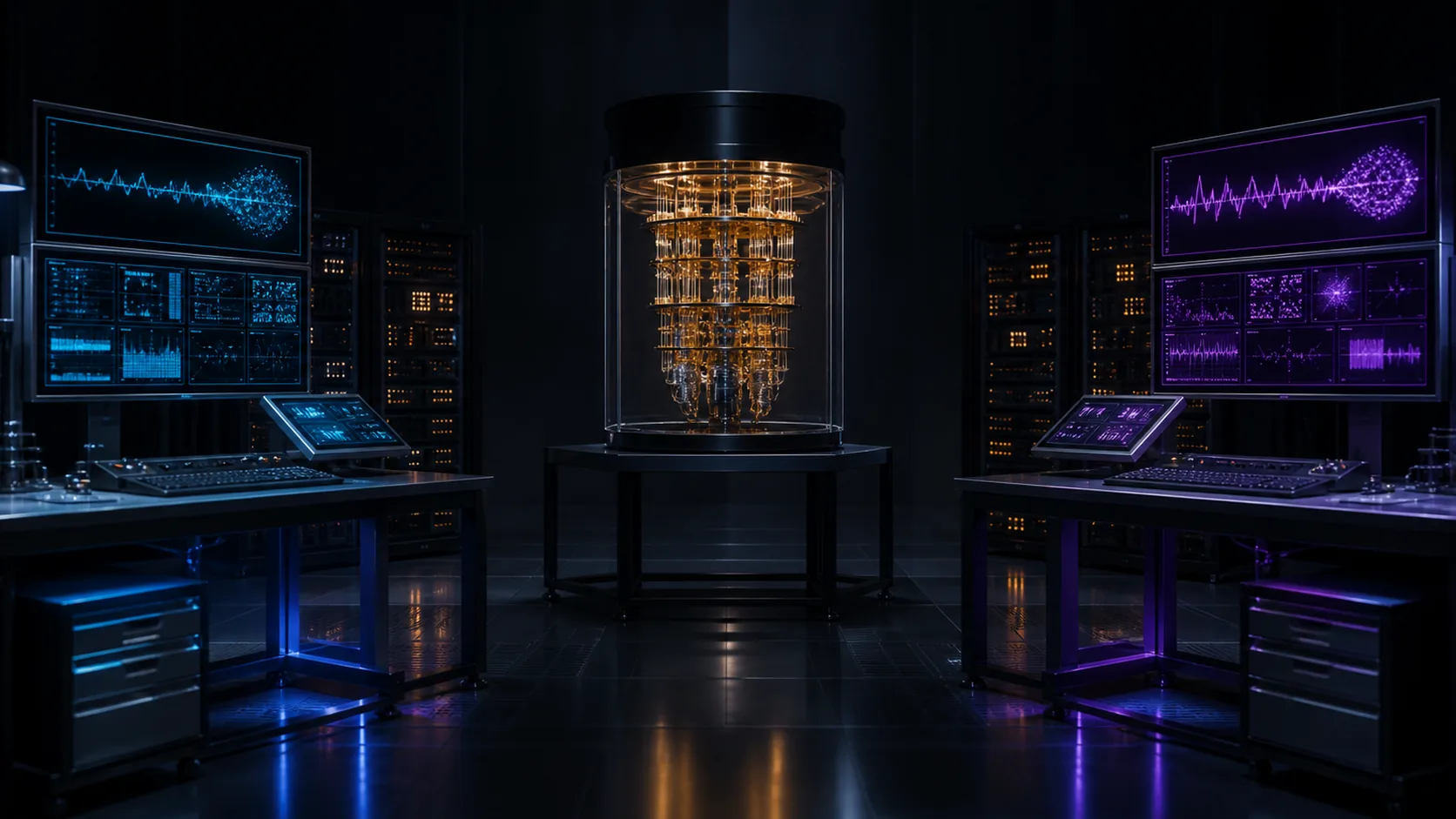 Concept visualization of two independent engineering workstations checking the same quantum hardware model, arithmetic, and evidence ledger from opposite sides, illustrating A11.3 What cross-verification actually changed.