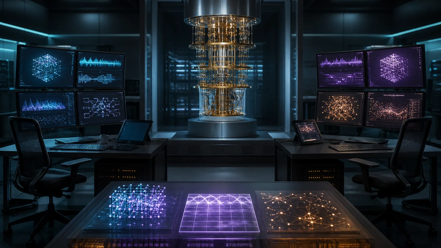 Concept visualization of two independent engineering workstations checking the same quantum hardware model, arithmetic, and evidence ledger from opposite sides, illustrating A11.4 What remains unverified.