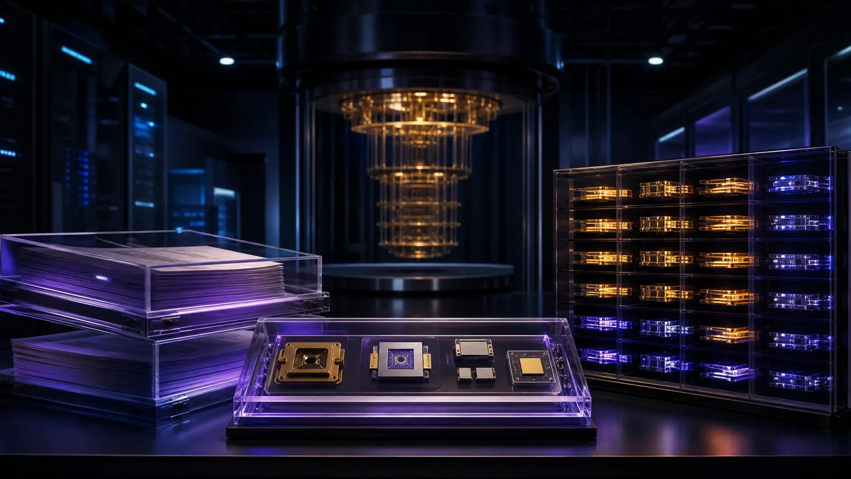 Concept visualization of a curated research archive of peer-reviewed papers, cryostat datasheets, chip samples, and a traceable source ledger, illustrating A12. Sources.