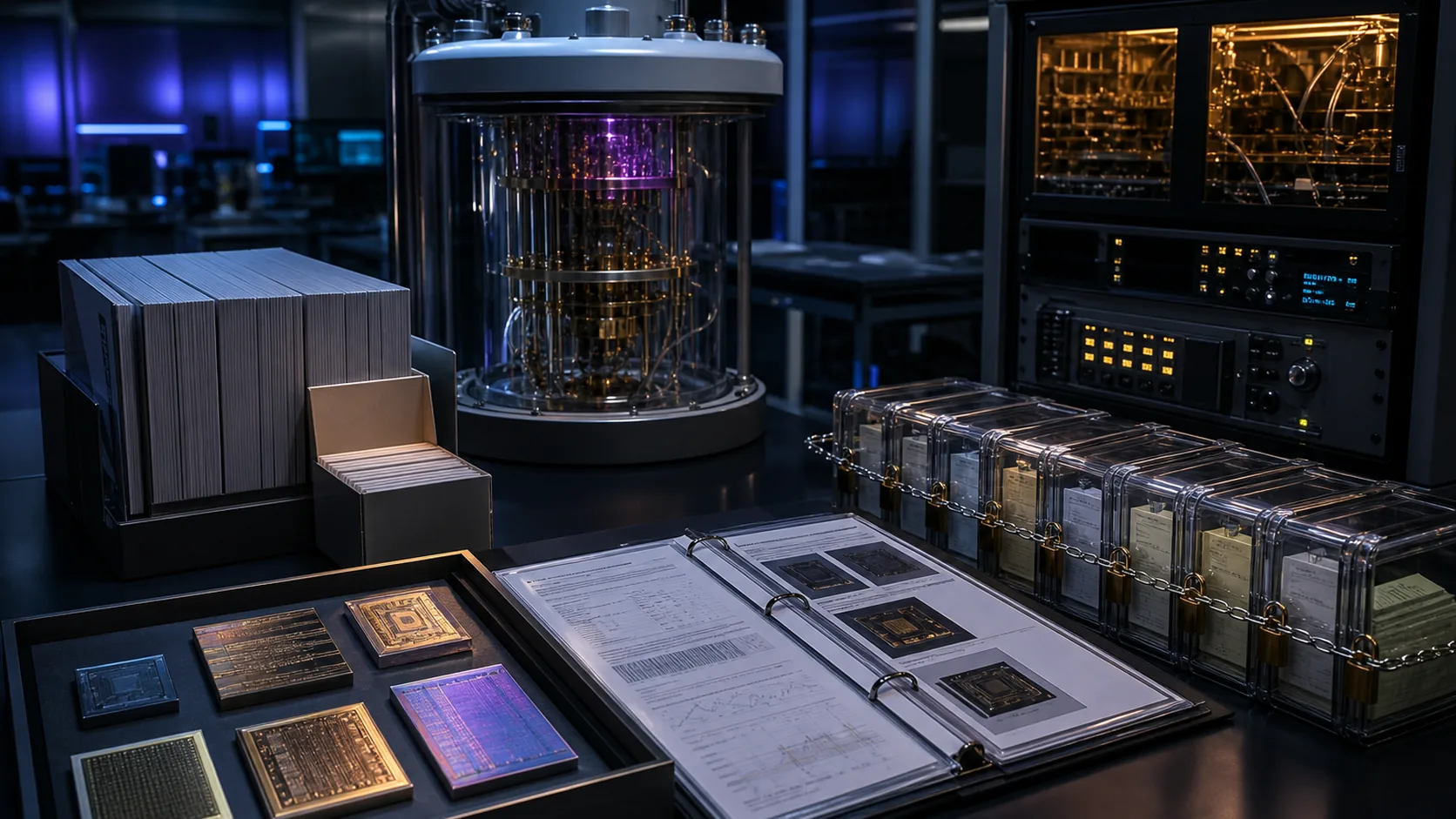 Concept visualization of a curated research archive of peer-reviewed papers, cryostat datasheets, chip samples, and a traceable source ledger, illustrating A12.1 Class 1, primary technical.